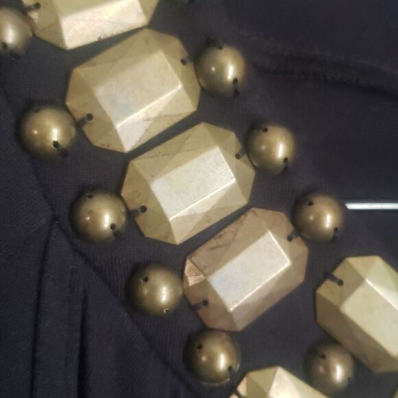 Nicole Miller Shirt Top Size M Black 3/4 Sleeve Layered Front Gold Embellishment - Picture 5 of 13